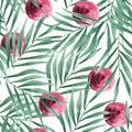 Palm leaves among pink abstract spots watercolor seamless pattern