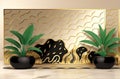 Palm leaves in a pot against a gold and black background. Backdrop concept. Gold black marble template.