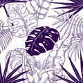 Palm Leaves Seamless Pattern. Plant Vintage Wallpaper, Floral Line Print Texture, Tropic Garden Textile Pattern. Vector