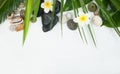 Palm leaves, tropical flower, candle and black and white stones on white background, top view, copy space. Spa concept Royalty Free Stock Photo