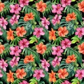 Palm leaves, tropical flowers orchid, hibiscus on black background, watercolor botanical. Seamless patterns.
