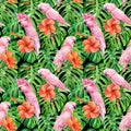 Palm leaves, tropical flowers and pink parrot. Watercolor illustration. Seamless patterns.