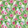 Palm leaves, tropical flowers and white parrot. Watercolor flora. Seamless patterns.