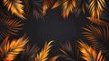 The palm leaves of the tropical golden palm plants are on a black background. Beautiful botanical design with a tropical