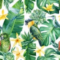 Palm leaves, vanilla flowers and parrots, tropical background, watercolor painting. Seamless pattern, jungle wallpaper