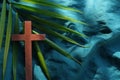 Palm leaves with wooden crucifix cross flat lay. Palm sunday celebration background. Royalty Free Stock Photo