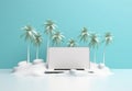 laptop travel computer beach tropical concept tree palm summer vacation. Generative AI. Royalty Free Stock Photo