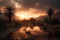 palm oasis in a desert landscape with dramatic sunset Royalty Free Stock Photo