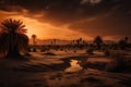 palm oasis in a desert landscape with dramatic sunset Royalty Free Stock Photo