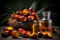 Palm oil bottles with ripe nuts. Generate ai