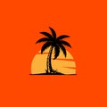 palm tree silhoute in sunset with tropical island Royalty Free Stock Photo