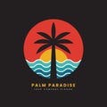 Palm Paradise logo badge on white background graphics for t-shirts and other print production. Sunset and 70s-style concept.