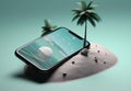 palm phone sea summer cyber creative sand up mock concept holiday. Generative AI.