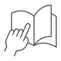 Palm points to a page in a notebook thin line icon, concept, education open book with hand pointing sign on white Royalty Free Stock Photo