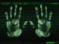 Palm print recognition and access concept. Security software by biometric data. Identification by hand prints scanning. Two