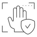 Palm recognition approved thin line icon. Verification palmprint system accepted vector illustration isolated on white