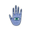 Palm-shaped popular amulet illustration in blue color. Evil eyes icon. The open right hand, a sign of protection.