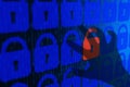 Digital internet data personal security concept blue background. Safe serfing www cyberspace Royalty Free Stock Photo