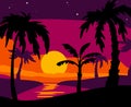Palm silhouettes background. Beach tropical trees, sea evening, black plants, summer sunset, different leaves shapes Royalty Free Stock Photo