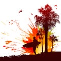 Tropical background with silhouettes of surfer and palm trees Royalty Free Stock Photo