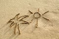 Palm and sun drawing on the beach sand Royalty Free Stock Photo