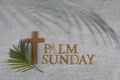 Palm sunday background. Cross and palm on grey background. Royalty Free Stock Photo