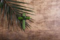 Palm sunday concept: Cross shape of palm branch on an antique wooden background Royalty Free Stock Photo