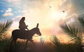 Jesus Christ riding donkey on meadow sunset Royalty Free Stock Photo