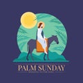 Palm sunday - Jesus riding donkey entering jerusalem with palm leaves circle around and sun on dark purple background vector Royalty Free Stock Photo