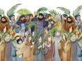 Palm Sunday, painted in watercolor, people with palm branches, Pharisees, Jews and joyful people and children meet Jesus Christ.