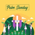 Palm sunday - People holding palm standing around the cross white cross crucifix sign and sun vector design Royalty Free Stock Photo