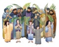 Palm Sunday watercolor hand drawn illustration, people with palm branches, Pharisees, Jews, and joyful children meet Jesus Christ