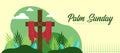 Palm sunday - Wooden Cross with red fabric on floor with plam leaves and gold glitter around vector design