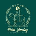 Palm sunday - yellow modern line jesus riding donkey entering jerusalem with palm leaves circle around and cross crucifix sign on