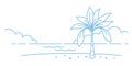 Palm tree on the beach coast background. Waterfront shore. Rest, vacation. Copy space. Sketch vector line contour. Place