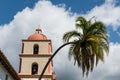 Palm tree and bell tower on the church at Old Mission Santa Barbara Royalty Free Stock Photo