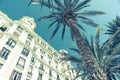 Palm tree and Carbonell House low angle view from Esplanada Alicante Spain