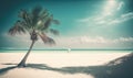 a palm tree casts a shadow on a beach with a surfer in the distance