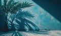 a palm tree casts a shadow on a blue wall with a shadow cast on it