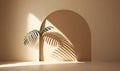 a palm tree casts a shadow on the wall of a room