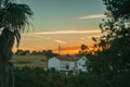 Palm tree and cottage at sunset on a farmstead Royalty Free Stock Photo