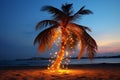 Palm tree decorated with a garland on the beach. Christmas, New Year celebration in the tropics. AI generated