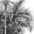 Palm tree and exotic flowers ink drawing at white paper, sketch Royalty Free Stock Photo