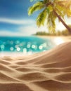 A palm tree is in the foreground of a beach scene Royalty Free Stock Photo