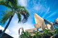 Palm tree in front of basilica La Altagracia Church in Higuey, Dominican Republic