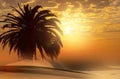 Palm tree, heavy dramatic clouds and bright sky. Beautiful African sunset over the lsand dunes Royalty Free Stock Photo