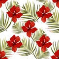 Palm tree. Hibiscus seamless pattern. Flower background