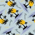 Palm tree island with beautiful tropical birds seamless pattern design Royalty Free Stock Photo