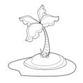 Palm tree island outlined vector illustration on white background. Coco palm tree with leaves coloring page