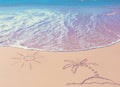 Palm Tree on an island under the sun drawing on wet beach sand a Royalty Free Stock Photo